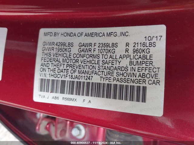 Honda ACCORD LX 2018 1HGCV1F18JA011247 Image 9