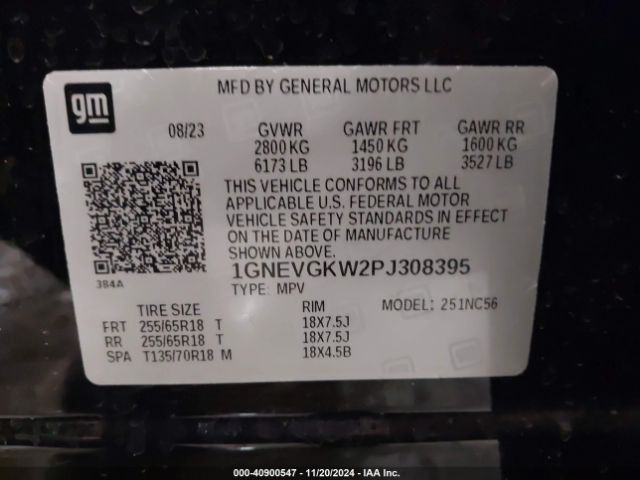 1GNEVGKW2PJ308395 Chevrolet Traverse Awd Lt Cloth