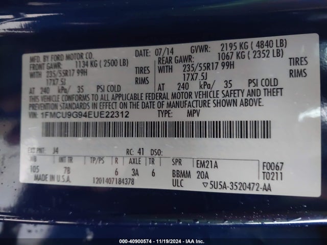 Ford ESCAPE SE 2014 1FMCU9G94EUE22312 Image 9