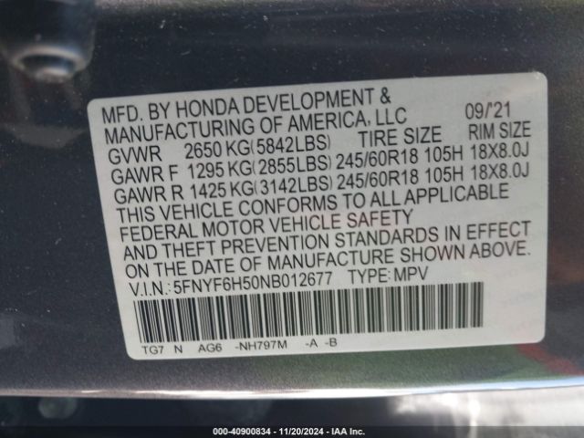 5FNYF6H50NB012677 Honda Pilot Awd Ex-l