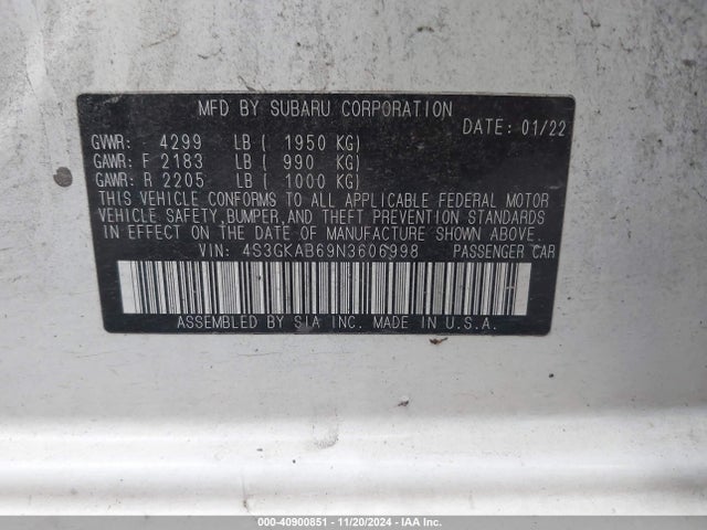 Subaru Impreza Base 2022 4S3GKAB69N3606998 Image 9