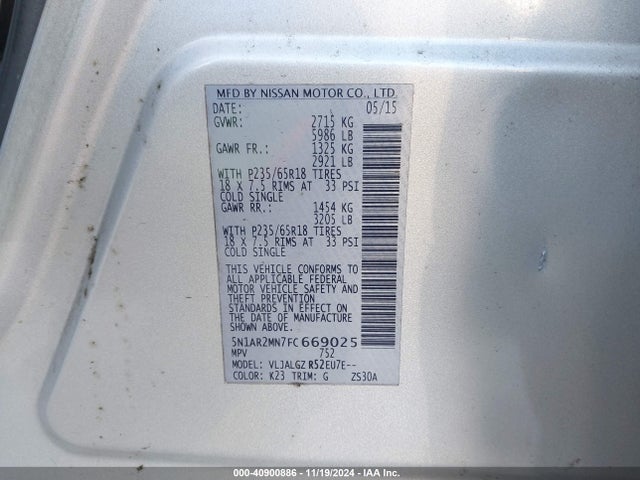 Nissan Pathfinder Sl 2015 5N1AR2MN7FC669025 Image 9