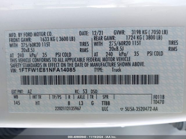 1FTFW1E81NFA14085 Ford F-150 Lariat