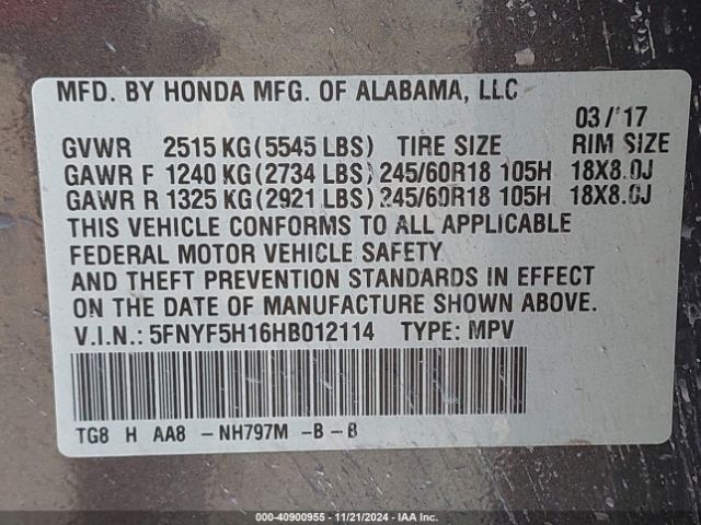5FNYF5H16HB012114 Honda PILOT LX