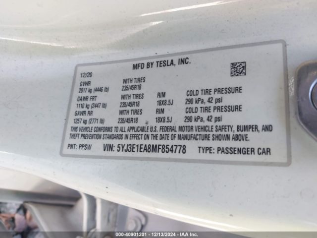 5YJ3E1EA8MF854778 Tesla Model 3 Standard Range Plus Rear-wheel Drive