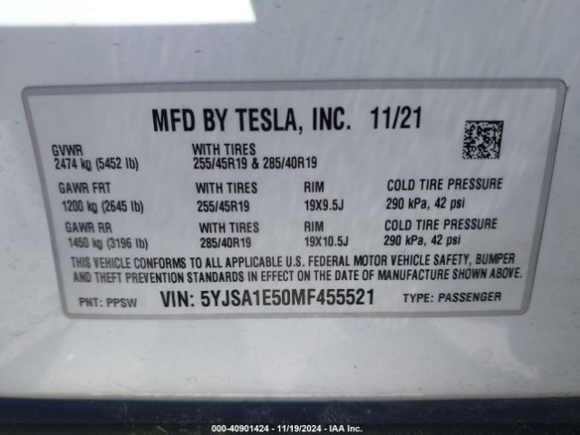 5YJSA1E50MF455521 Tesla Model S Long Range Dual Motor All-wheel Drive