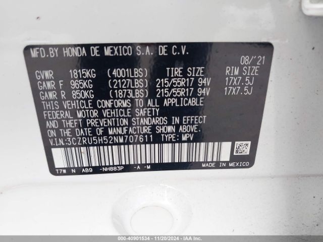 3CZRU5H52NM707611 Honda Hr-v 2wd Ex