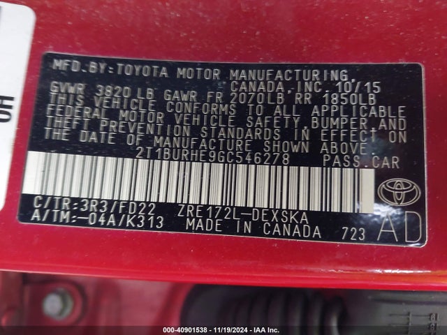 Toyota Corolla S Plus 2016 2T1BURHE9GC546278 Image 9