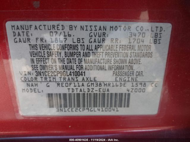 3N1CE2CP9GL410041 Nissan Versa Note Sv