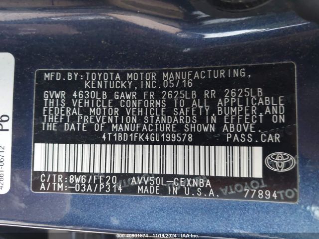 4T1BD1FK4GU199578 Toyota Camry Hybrid Le