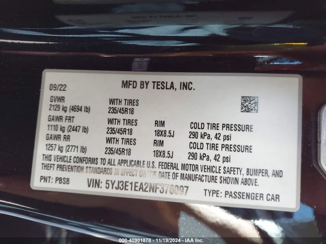 2022 TESLA MODEL 3 5YJ3E1EA2NF376097 Photo 8