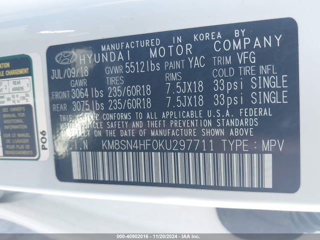 KM8SN4HF0KU297711 Hyundai Santa Fe Xl Se