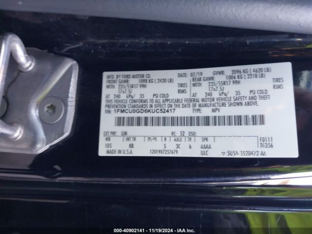 1FMCU0GD6KUC52417 Ford ESCAPE SE