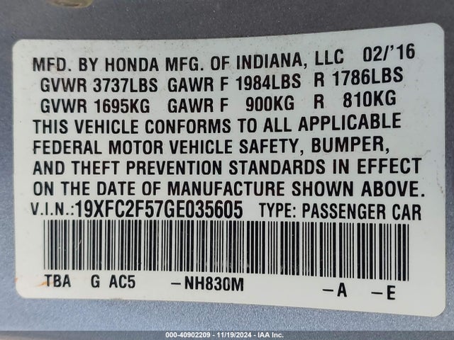 19XFC2F57GE035605 Honda Civic Lx