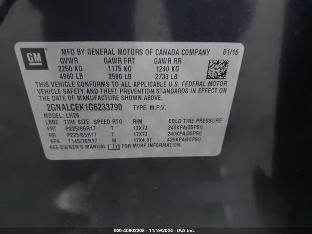 Chevrolet EQUINOX LT 2016 2GNALCEK1G6233790 Image 9
