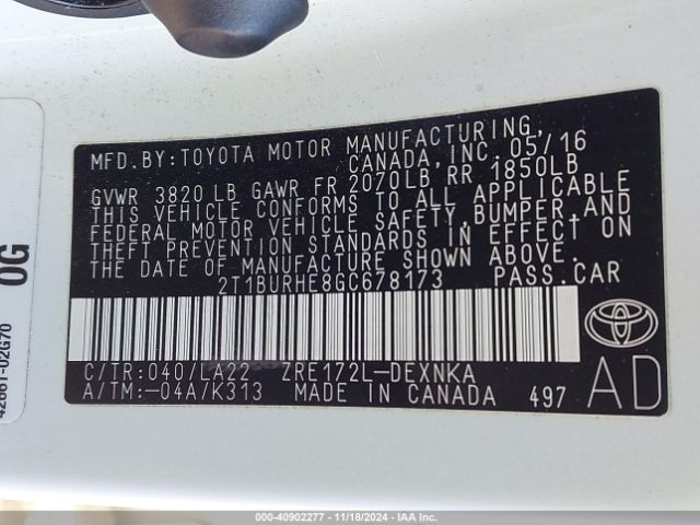 2T1BURHE8GC678173 Toyota Corolla Le Premium