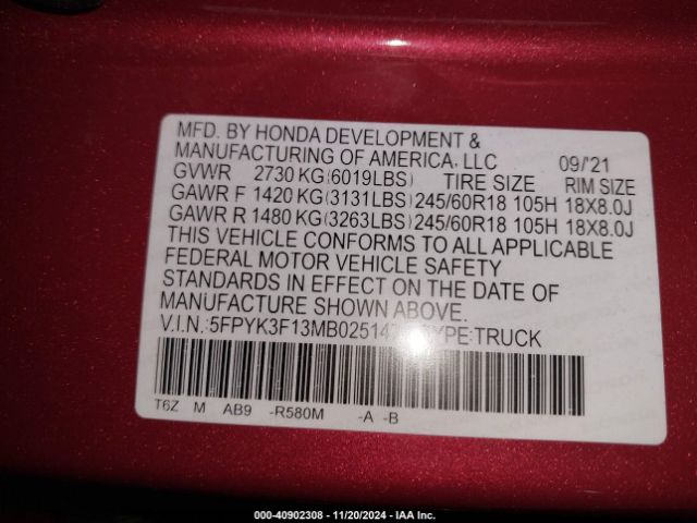 5FPYK3F13MB025147 Honda Ridgeline Awd Sport
