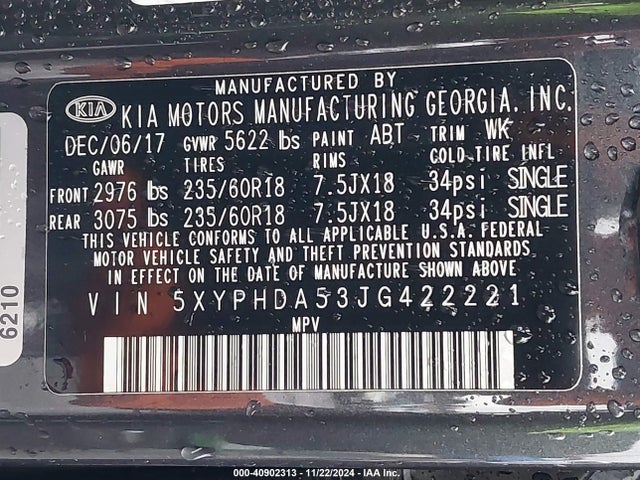 5XYPHDA53JG422221 KIA Sorento 3.3l Ex