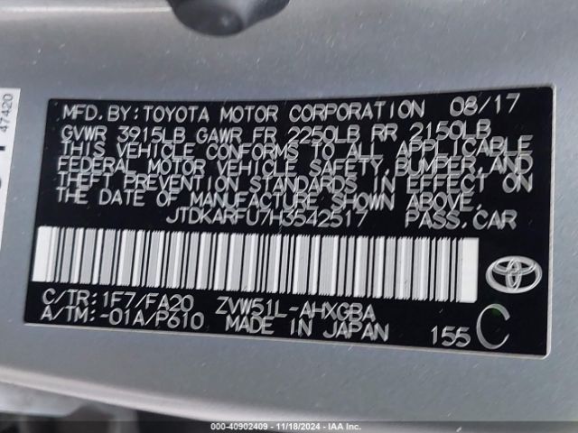 JTDKARFU7H3542517 Toyota Prius Three