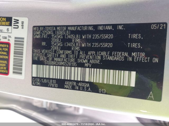 5TDDBRCHXMS528195 Toyota Highlander Hybrid Limited