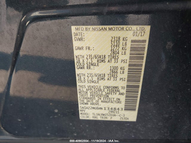 Nissan MURANO SL 2017 5N1AZ2MG6HN134843 Image 9