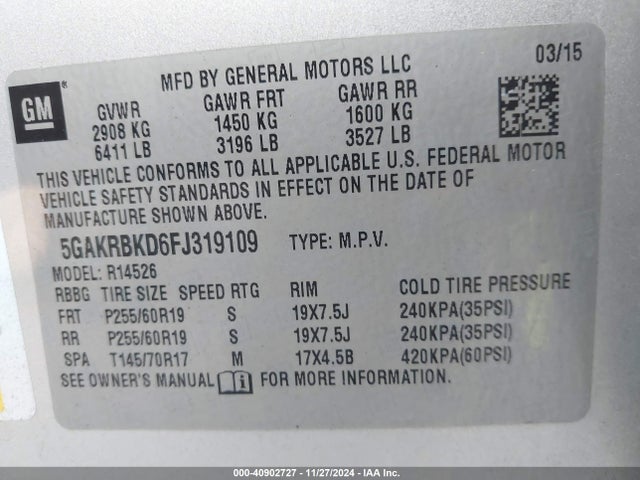 Buick Enclave Leather 2015 5GAKRBKD6FJ319109 Image 9