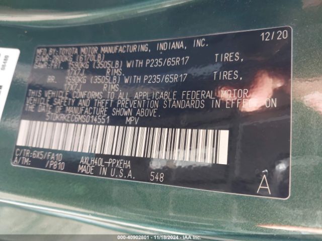 5TDKRKEC6MS014551 Toyota SIENNA LE