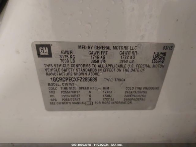 1GCRCPECXFZ285689 Chevrolet Silverado 1500 Wt