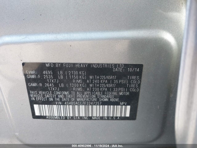 Subaru Outback 2.5i Premium 2015 4S4BSACC7F3247257 Image 9
