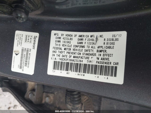 Honda ACCORD LX 2017 1HGCR2F3XHA230264 Image 9