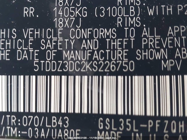 5TDDZ3DC2KS226750 Toyota Sienna Limited 7 Passenger