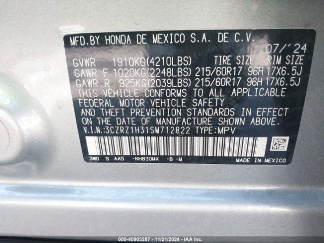 3CZRZ1H31SM712822 Honda Hr-v 2wd Lx