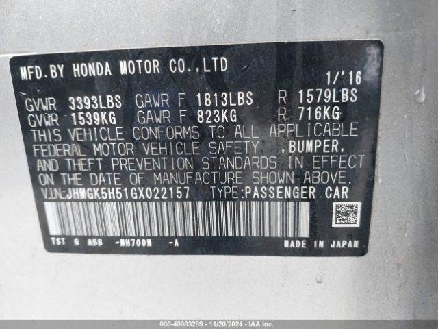 JHMGK5H51GX022157 Honda FIT LX