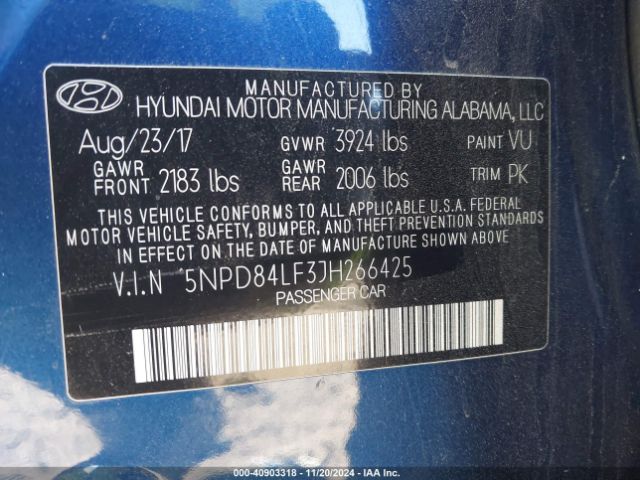 5NPD84LF3JH266425 Hyundai ELANTRA SEL