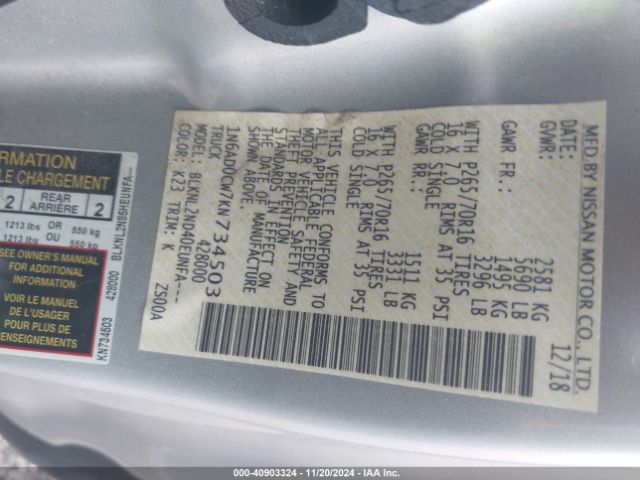 1N6AD0CW7KN734503 Nissan Frontier Sv
