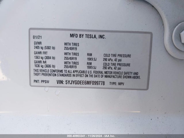 2021 TESLA MODEL Y 5YJYGDEE6MF099778 Photo 8