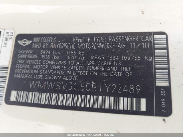 2011 MINI COOPER S WMWSV3C50BTY22489 Photo 8