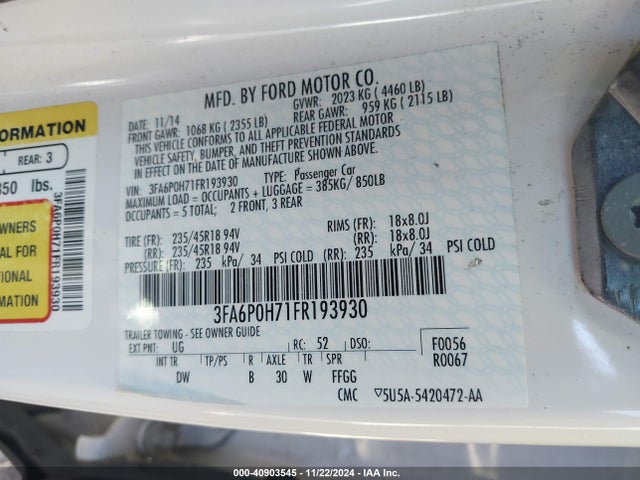 Ford FUSION SE 2015 3FA6P0H71FR193930 Image 9