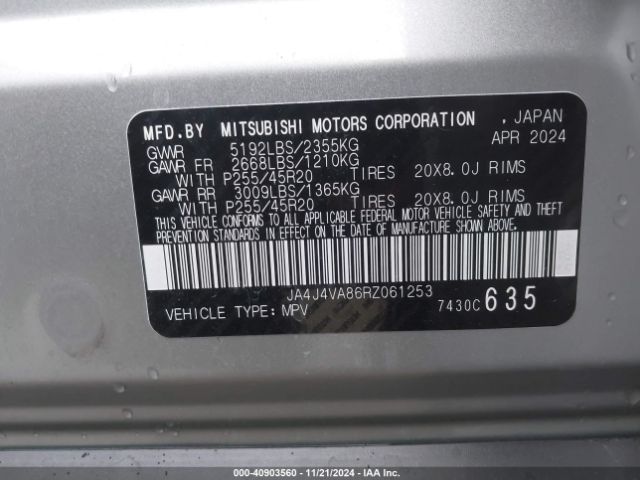 JA4J4VA86RZ061253 Mitsubishi Outlander Se 2.5 /se Black Edition /se Black Edition W/pano Roof /se Ralliart