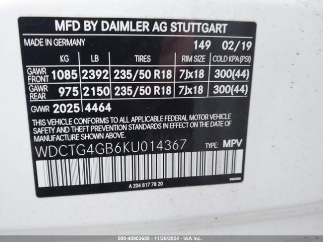 WDCTG4GB6KU014367 Mercedes-Benz Gla 250 4matic