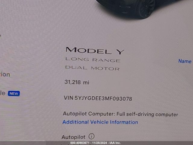 5YJYGDEE3MF093078 Tesla Model Y Long Range Dual Motor All-wheel Drive