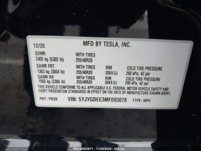 5YJYGDEE3MF093078 Tesla Model Y Long Range Dual Motor All-wheel Drive