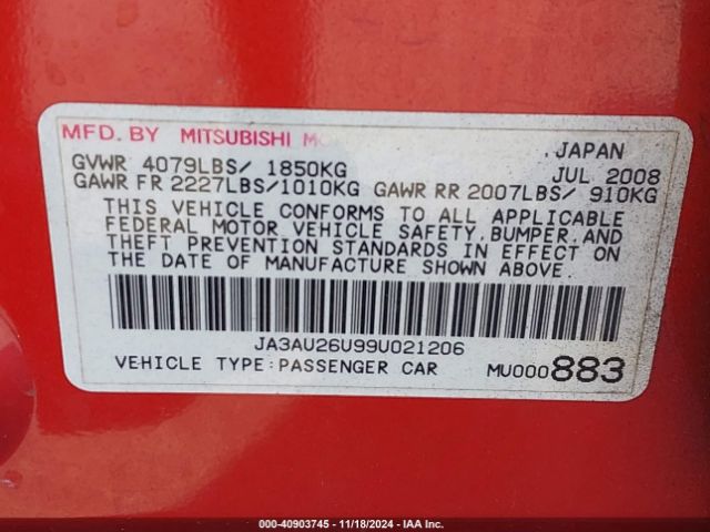 2009 MITSUBISHI LANCER JA3AU26U99U021206 Photo 8