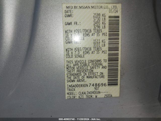 1N6AD0ERXEN748696 Nissan FRONTIER S