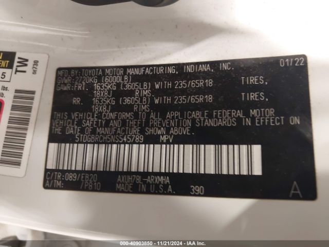 5TDGBRCH5NS545789 Toyota Highlander Hybrid Xle