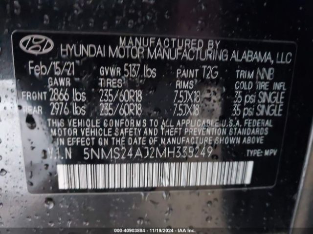 5NMS24AJ2MH335249 Hyundai Santa Fe Sel