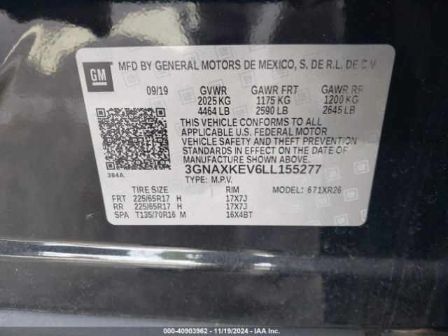 3GNAXKEV6LL155277 Chevrolet Equinox Fwd Lt 1.5l Turbo