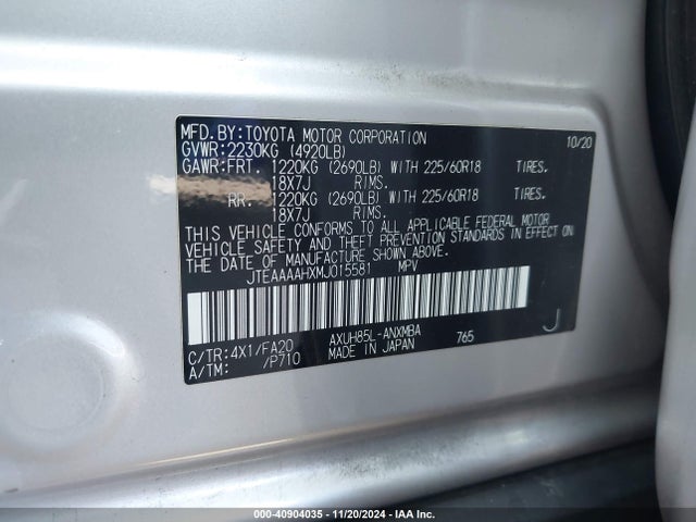 Toyota VENZA LE 2021 JTEAAAAHXMJ015581 Image 9