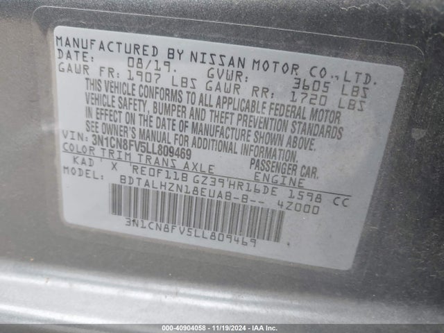 Nissan Versa Sr Xtronic Cvt 2020 3N1CN8FV5LL809469 Image 9