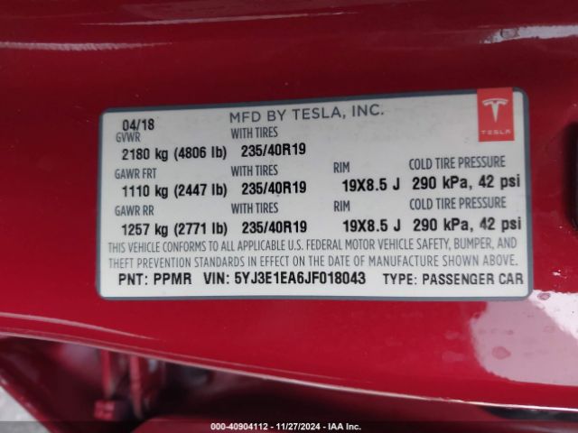 5YJ3E1EA6JF018043 Tesla Model 3 Long Range/mid Range